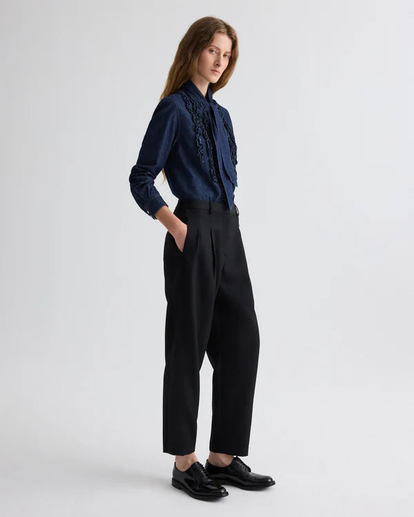 TWP wool and silk black dress pants, Cornelia steet, w black satin stripe
