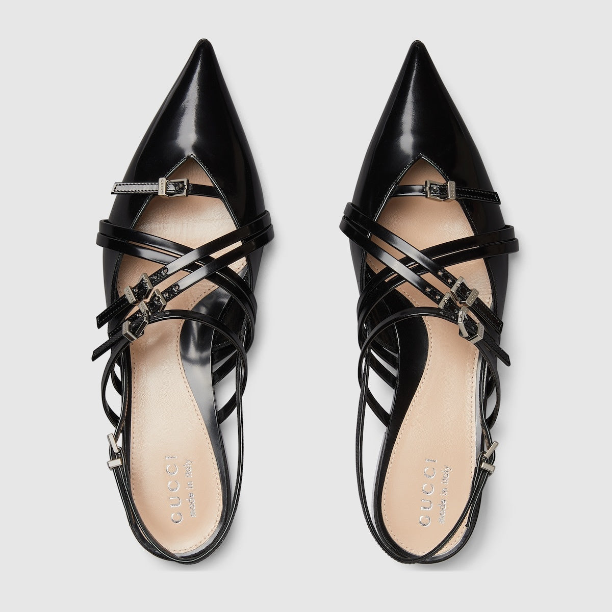 GUCCI black seraphine buckle strappy pointed flats