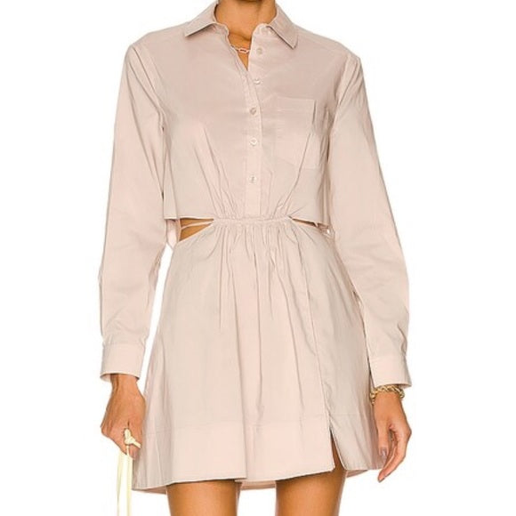JONATHAN SIMKHAI tan button up mini dress with cut out, half rolled sleeves