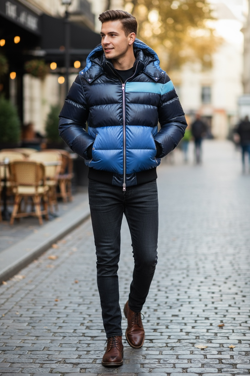 Woodpecker Navy 3-Tone Short Hooded Puff Jacket with Liquid Shine