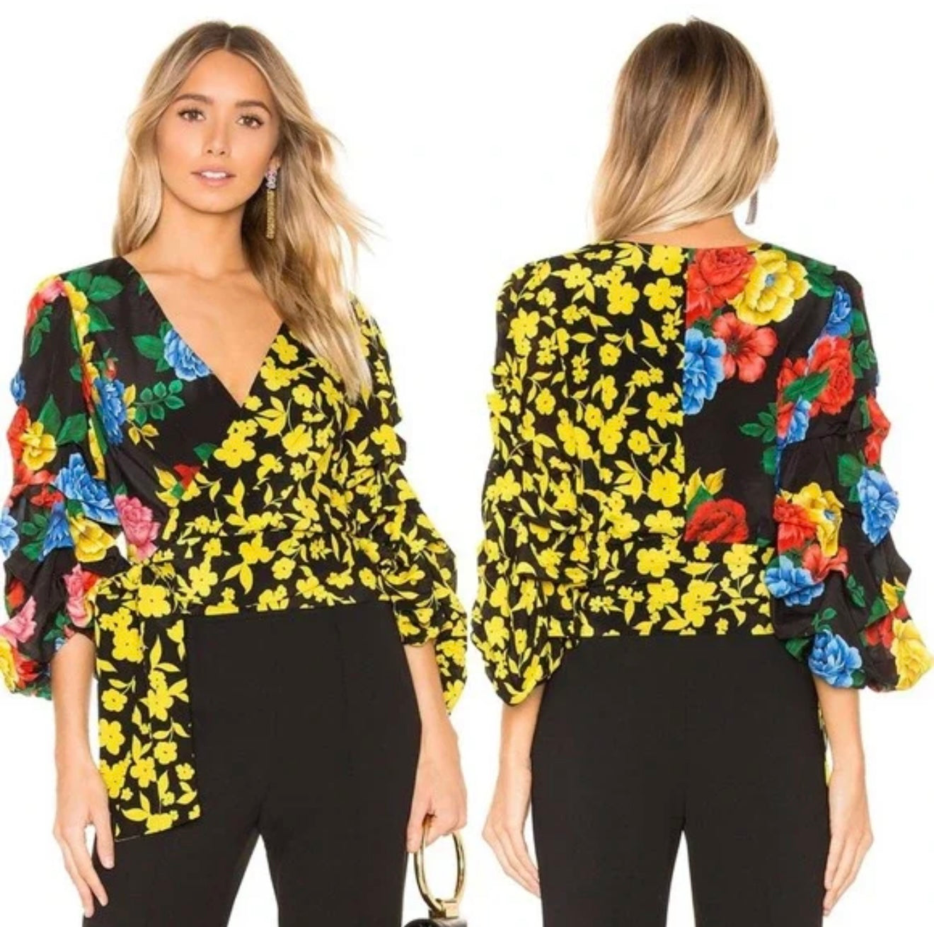 Alice & Olivia Dominica Floral Reversible Silk Top Blouse, Black Floral Multi