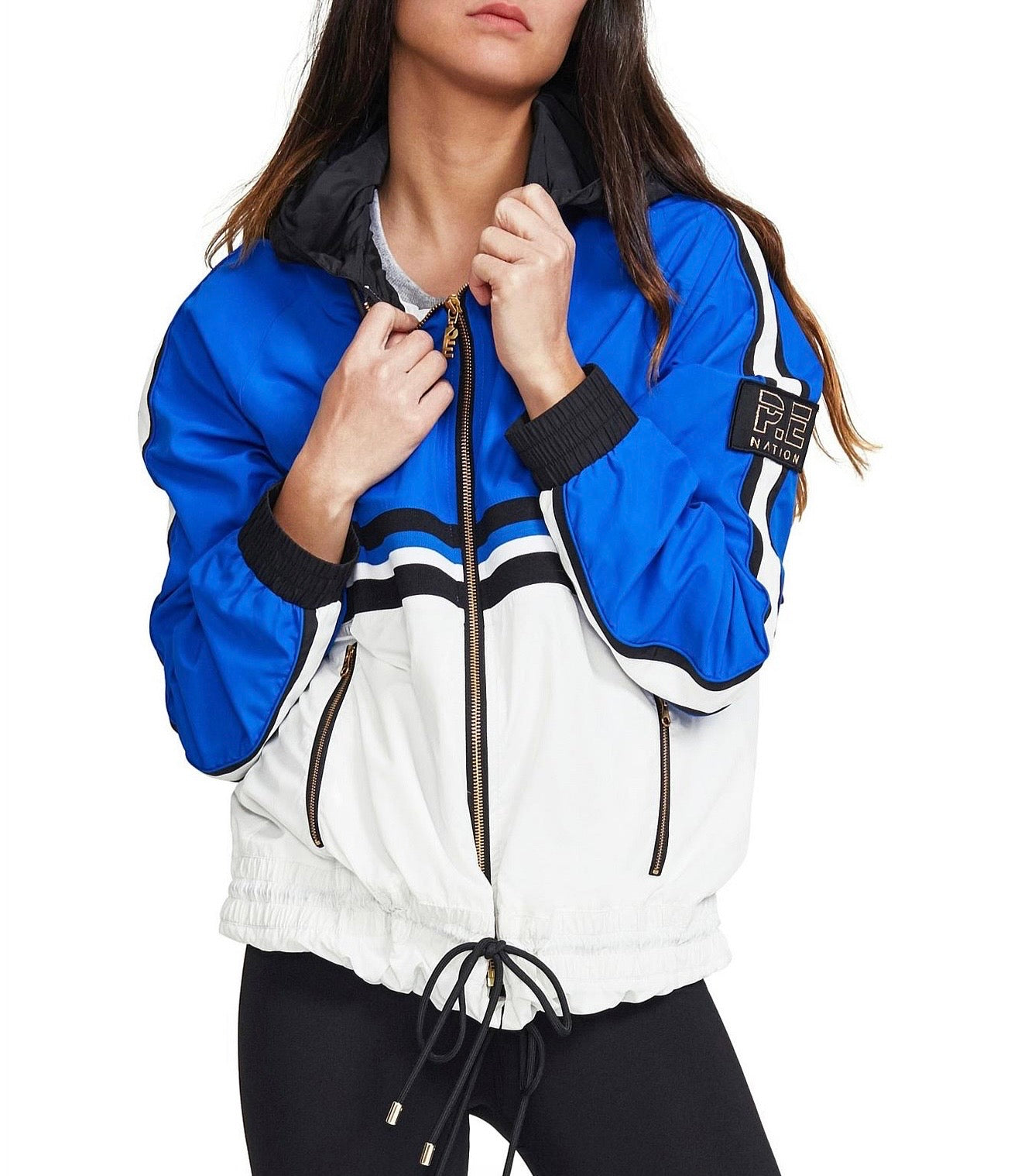 PE NATION nylon zip up jacket with hood, royal blue and white with stripe across center