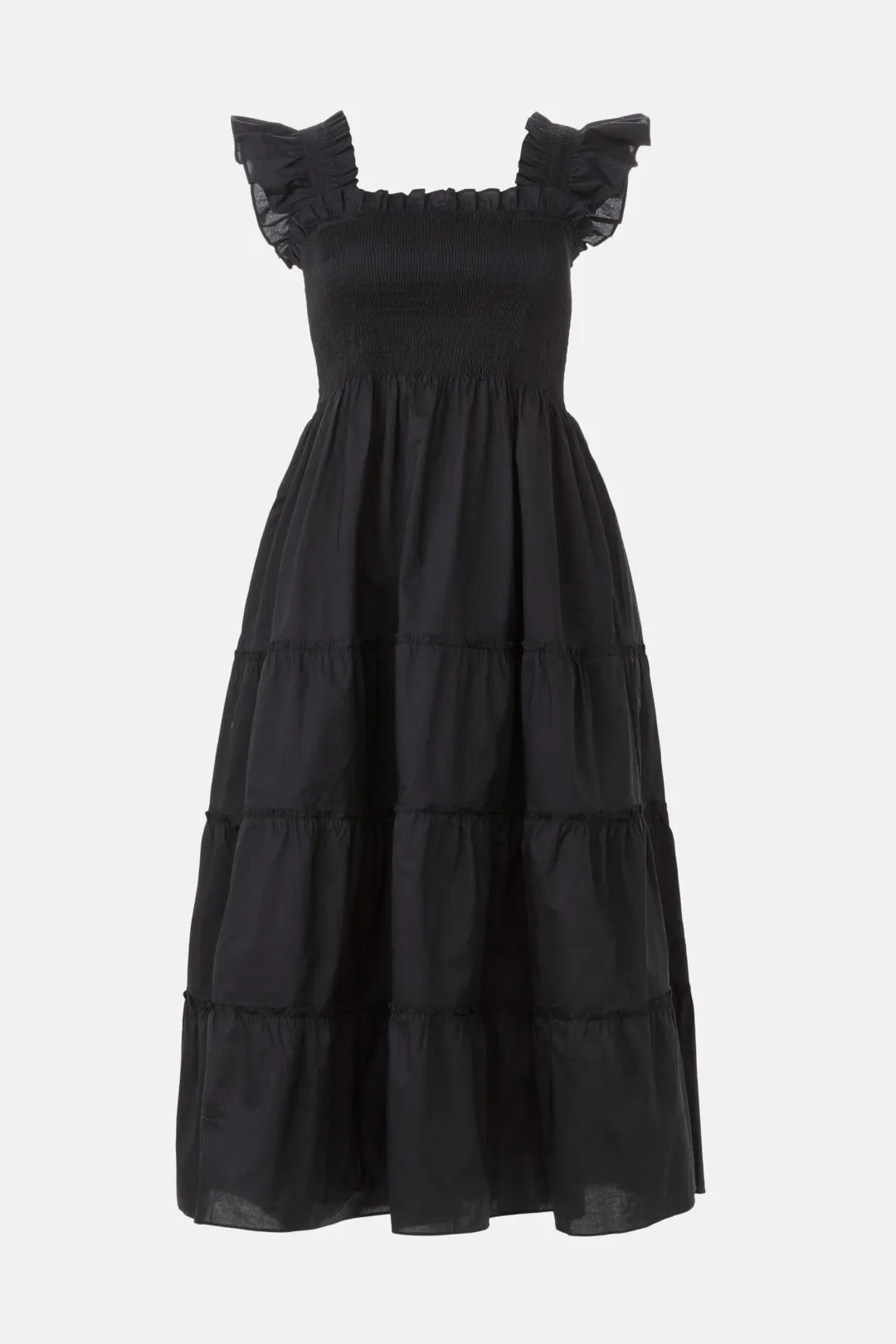 HILL HOUSE black maxi dress, rusched bust and tank top sleeve, slight eyelet