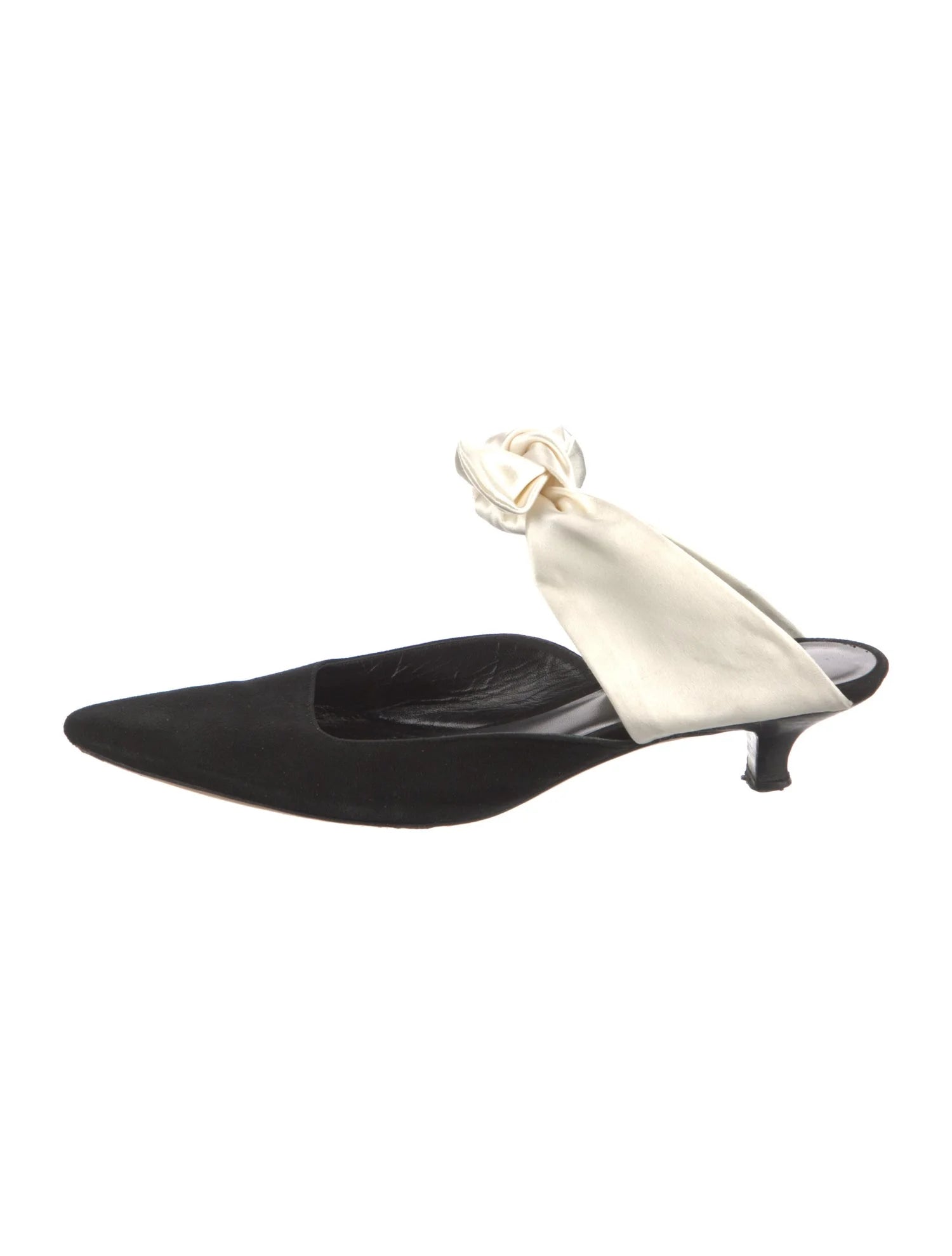 THE ROW coco mule, black suede with ivory silk bow, w dust bags and box