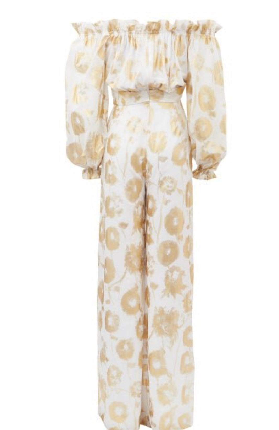 HALPERN
Metallic-Print Off-The-Shoulder Cotton Jumpsuit - White Gold