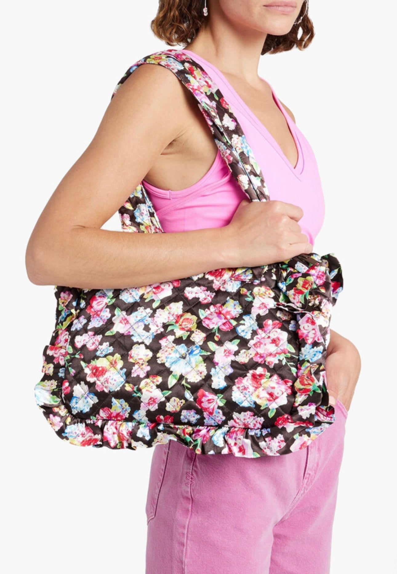 Ganni - Ruffled quilted floral-print satin tote