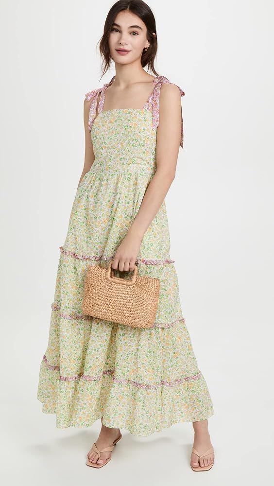 LOST + WANDER green floral print maxi dress with pink tie straps NWT