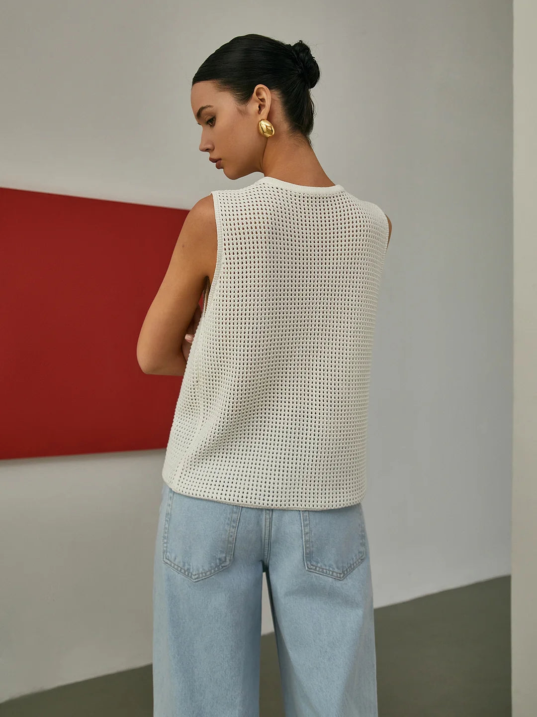 COMMENSE white open knit vest