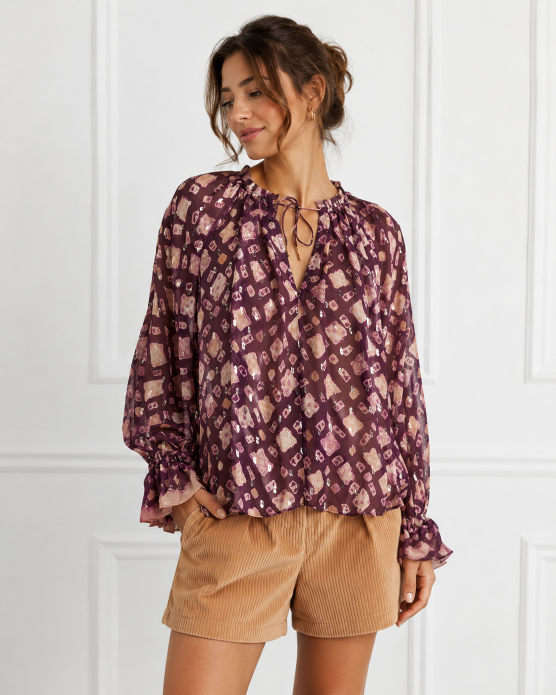 ULLA JOHNSON silk blend blouse, maroon/purple with cream and gold pattern