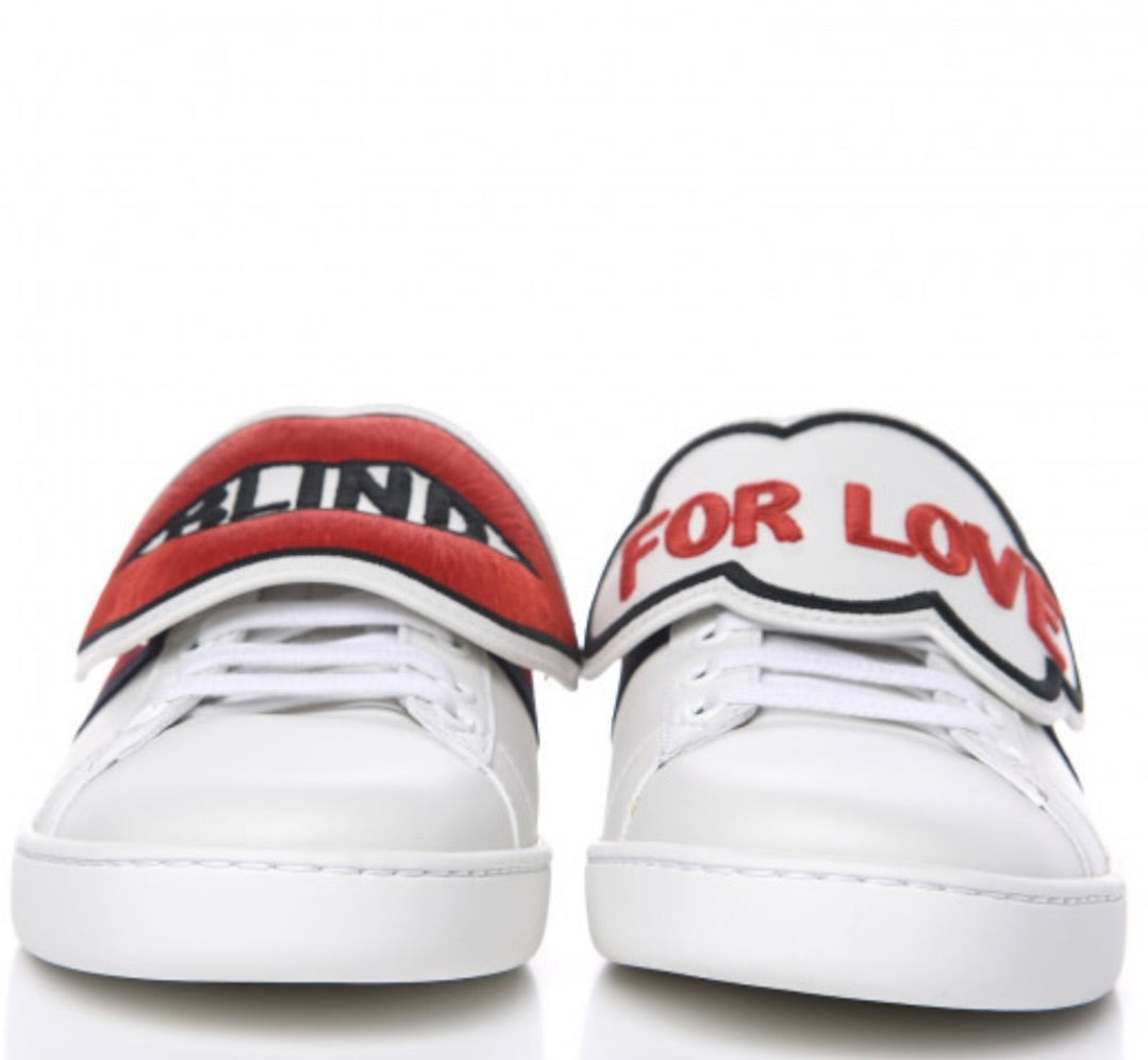 GUCCI white sneaker with BLIND FOR LOVE in red writing on top, w dust bags and box