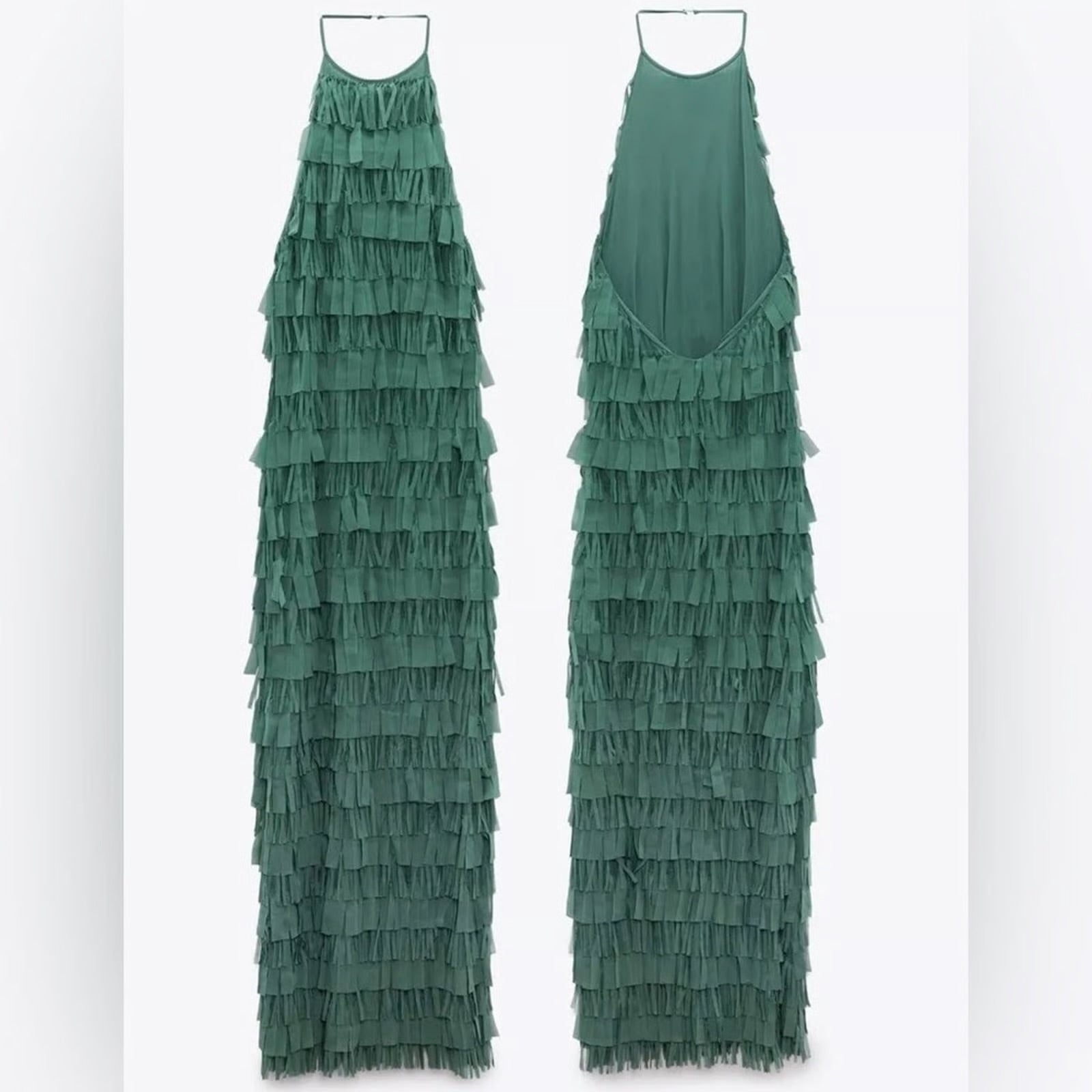 ZARA green fringe maxi dress NWT