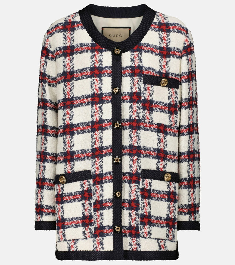GUCCI plaid tweed jacket ivory with blue and red