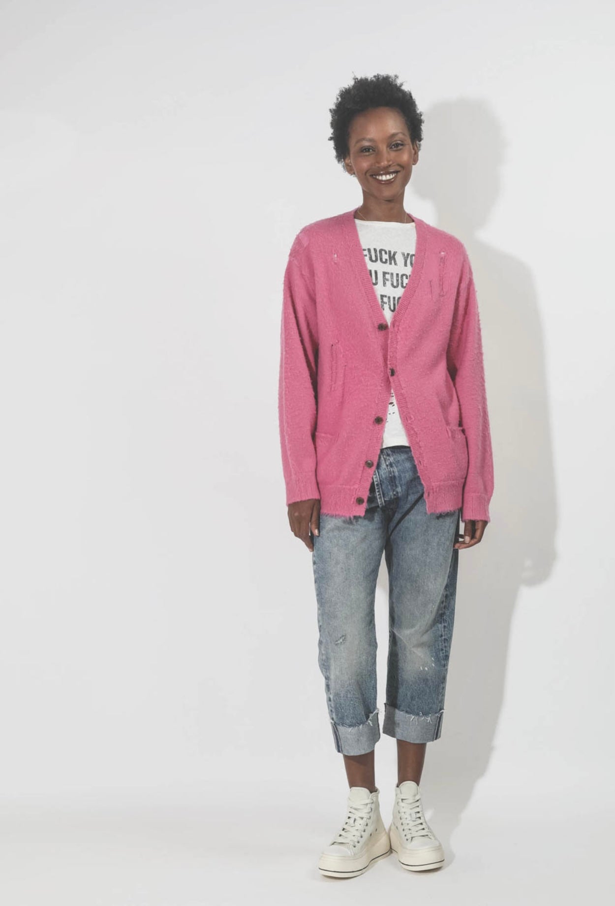 R13 Denim Collection Shaggy Oversized Distressed Edge Cardigan - Pink