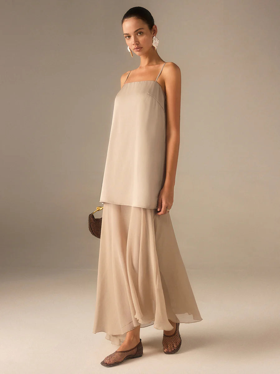 COMMENSE maxi dress, nude/light taupe satin top, chiffon bottom NWT