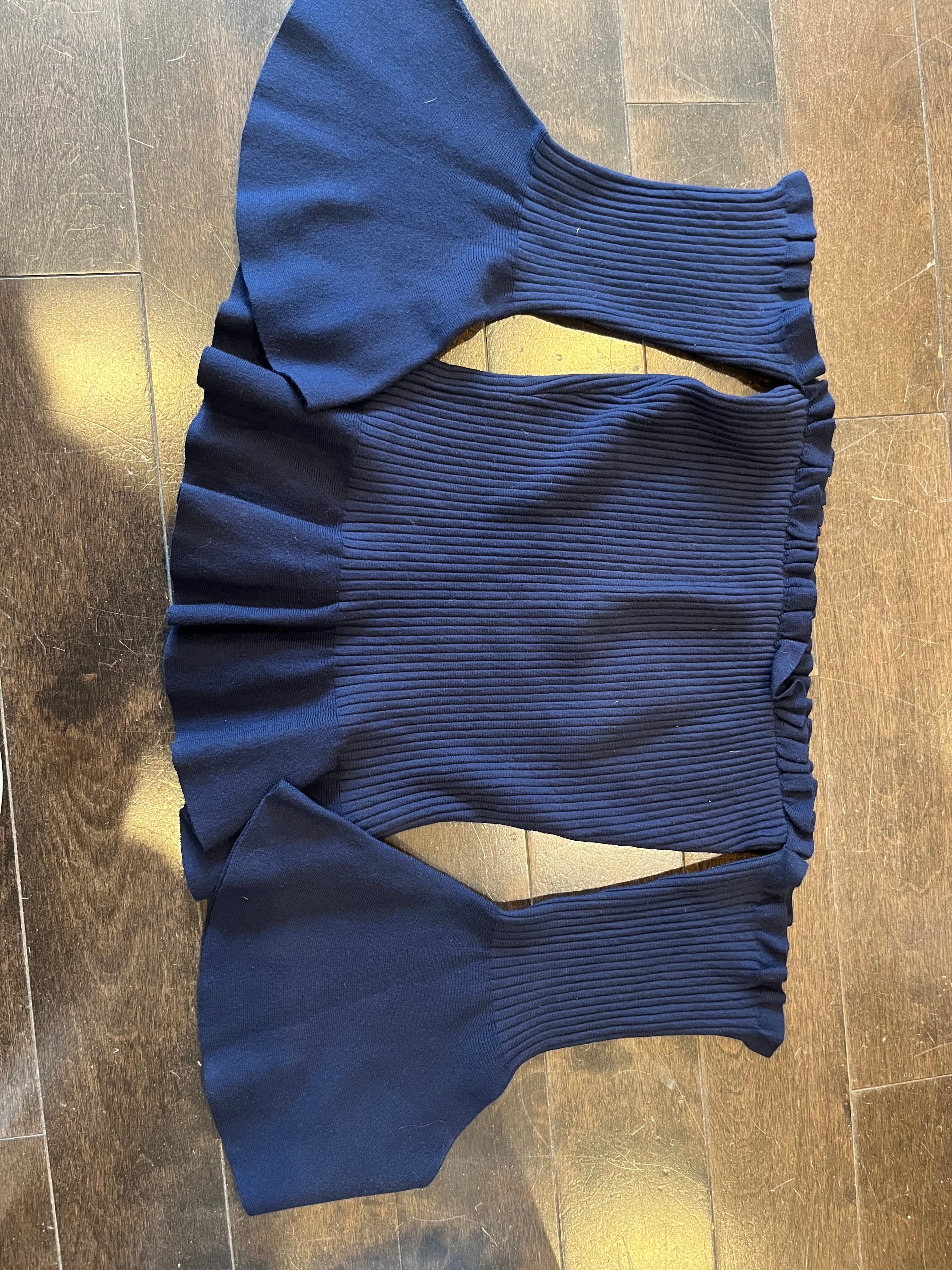 MILLY navy off shoulder top with bell sleeves