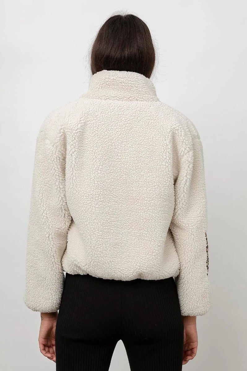 RAILS "DEAN" cream sherpa/teddy zip sweater with cheetah fabric details over zipper and chest pocket