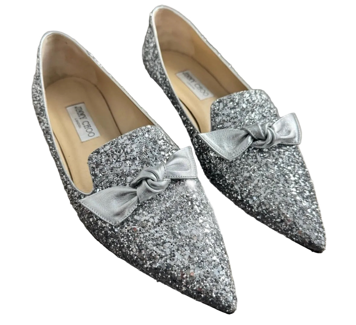 JIMMY CHOO silver glitter pointed flats (gabie flat)