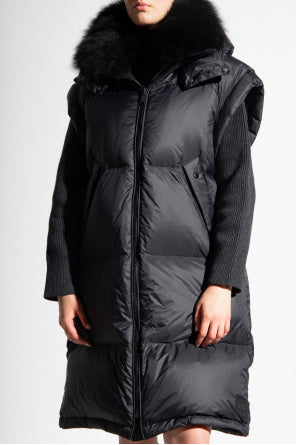 YVES SALOMAN long black puffer vest with removable hood and black fur collar