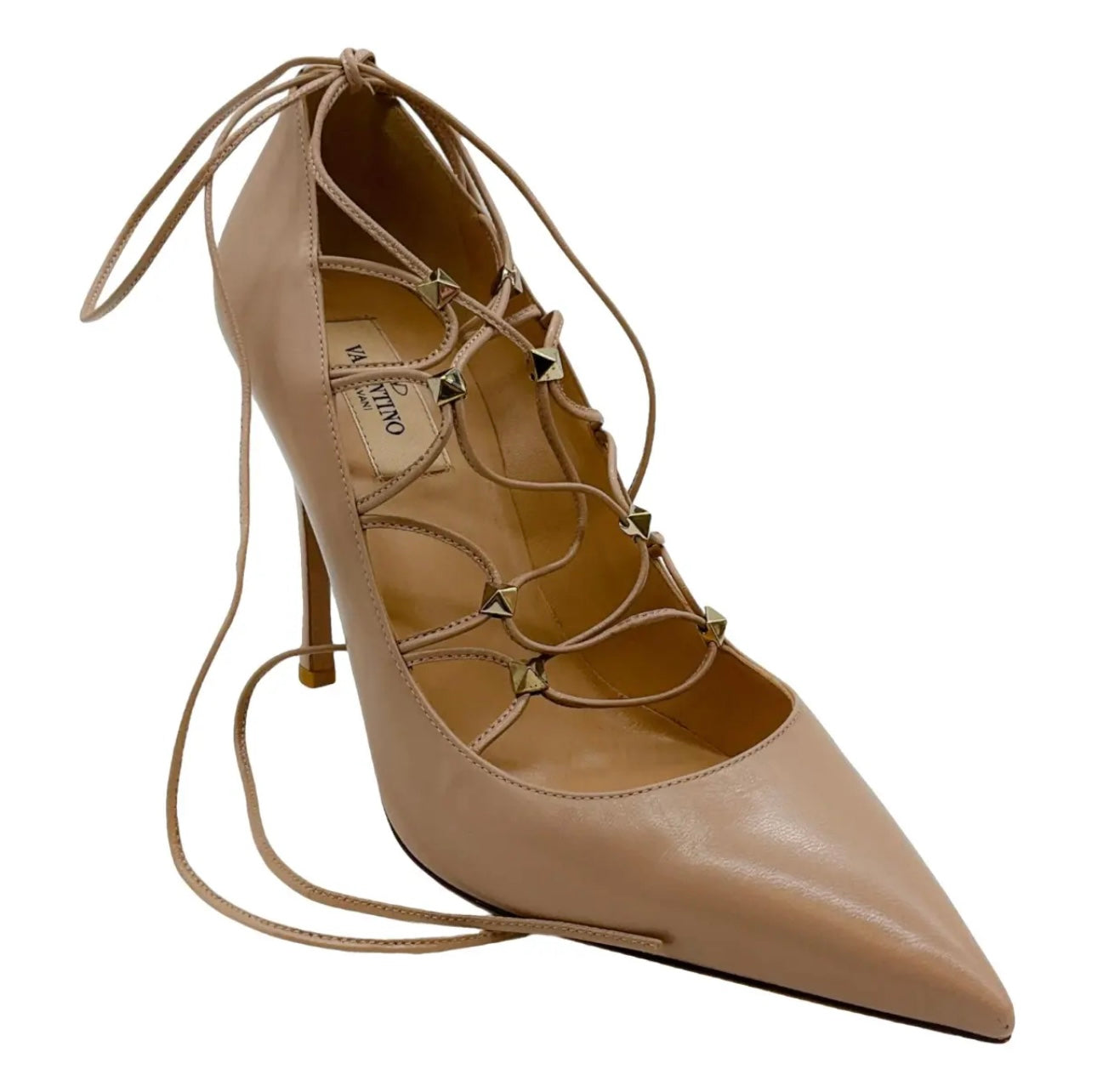 Valentino -
Valentino Beige Leather Rockstud Lace Up Heels