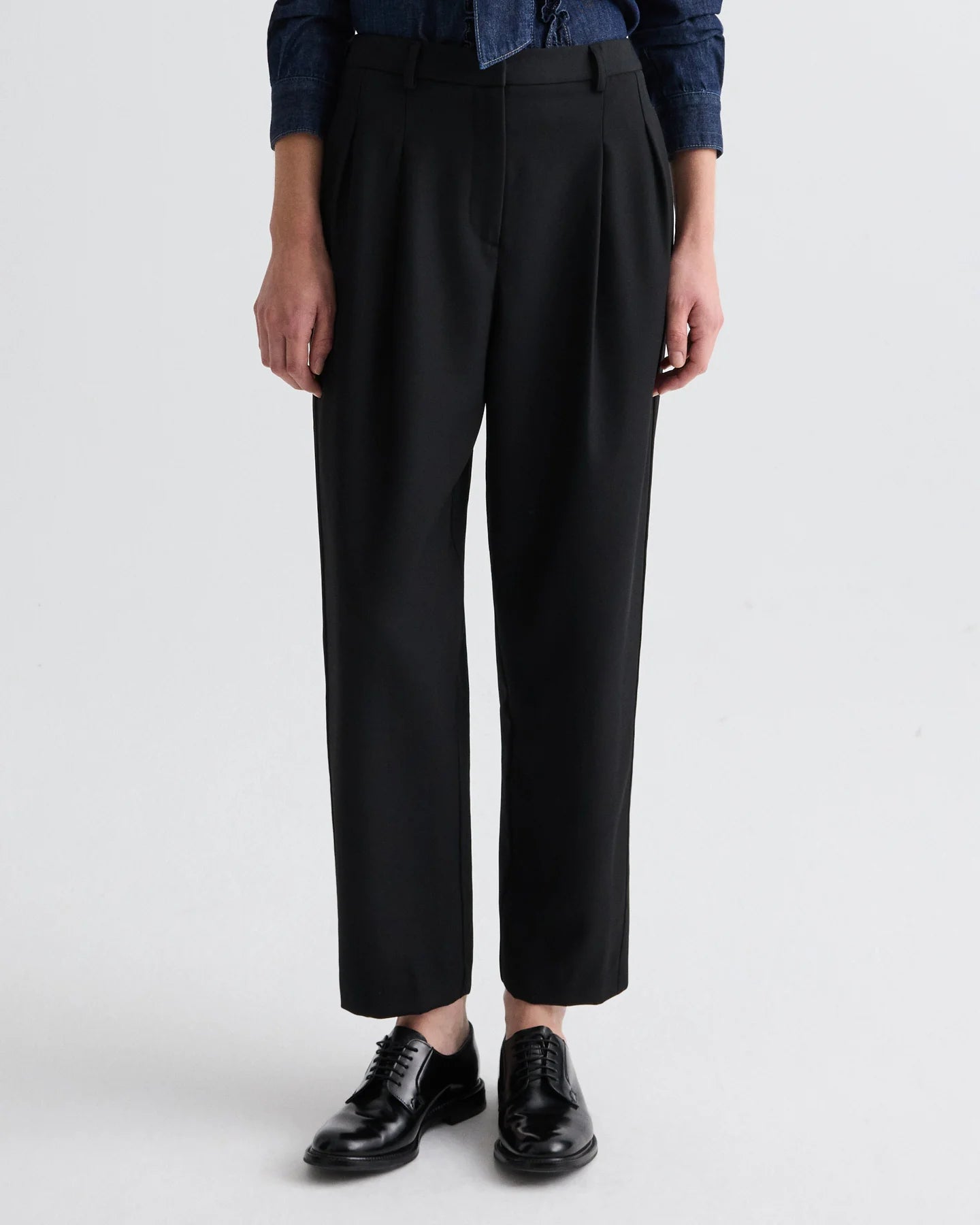 TWP wool and silk black dress pants, Cornelia steet, w black satin stripe