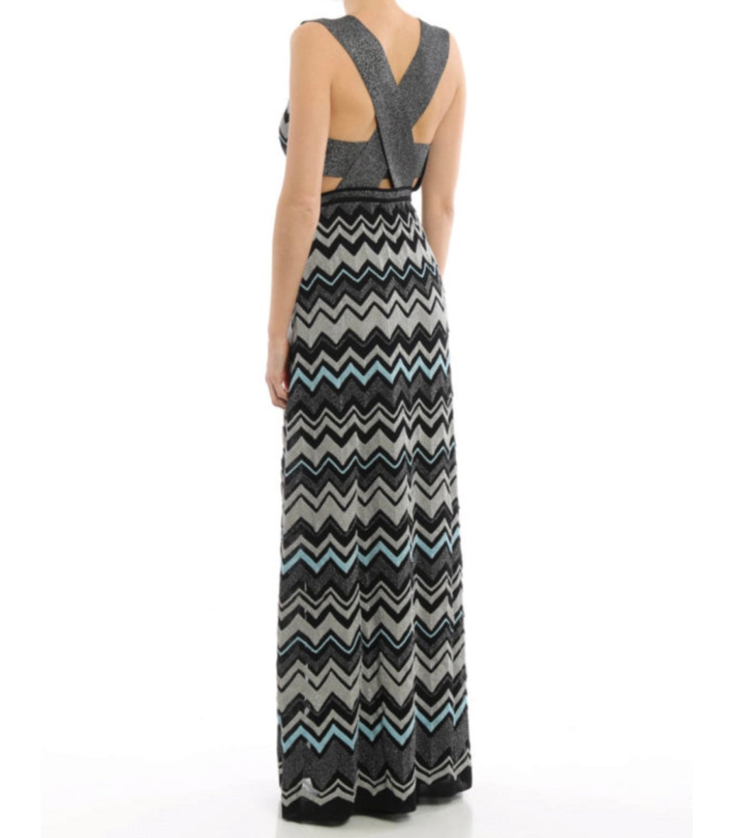 M MISSONI METALLIC ZIGZAG CROSS BACK MAXI DRESS