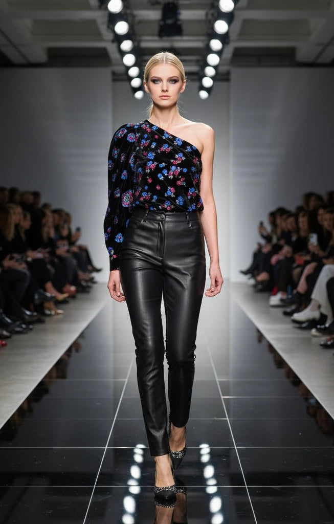 SABINA MUSAYEV black velvet one sleeve top with pink/blue sequin flowers