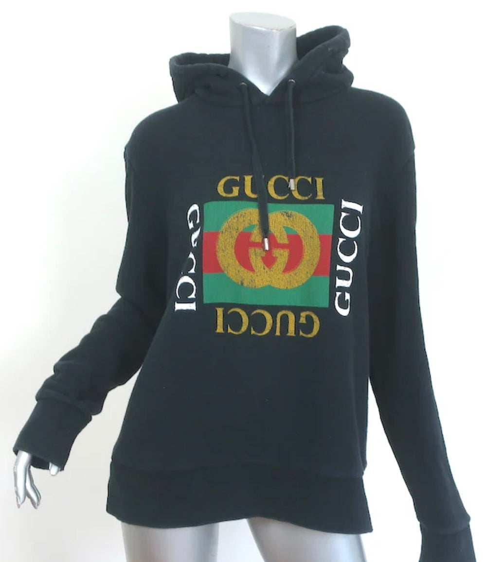 PRELOVED GUCCI LOGO HOODIE SWEATSHIRT BLACK SIZE M OVERSIZE PULLOVER