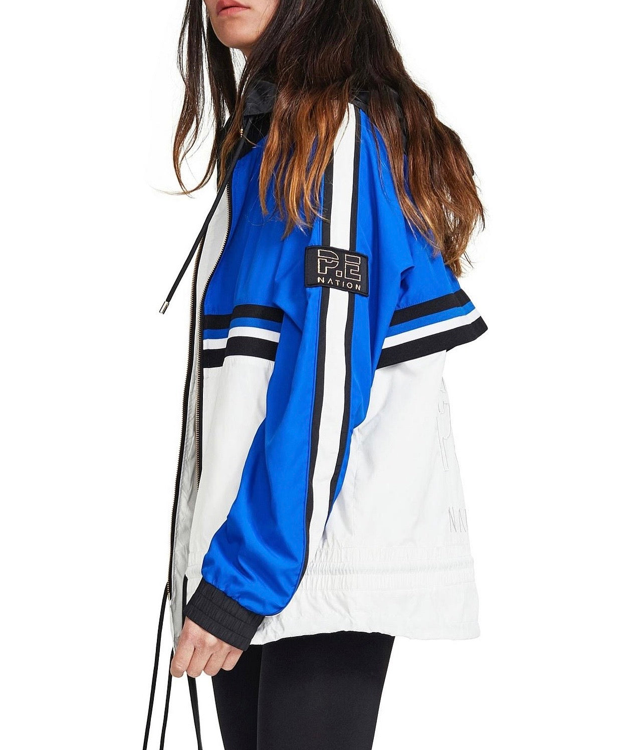 PE NATION nylon zip up jacket with hood, royal blue and white with stripe across center