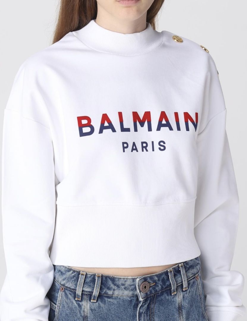 Balmain White Mock Neck Sweater with Red/Blue Logo