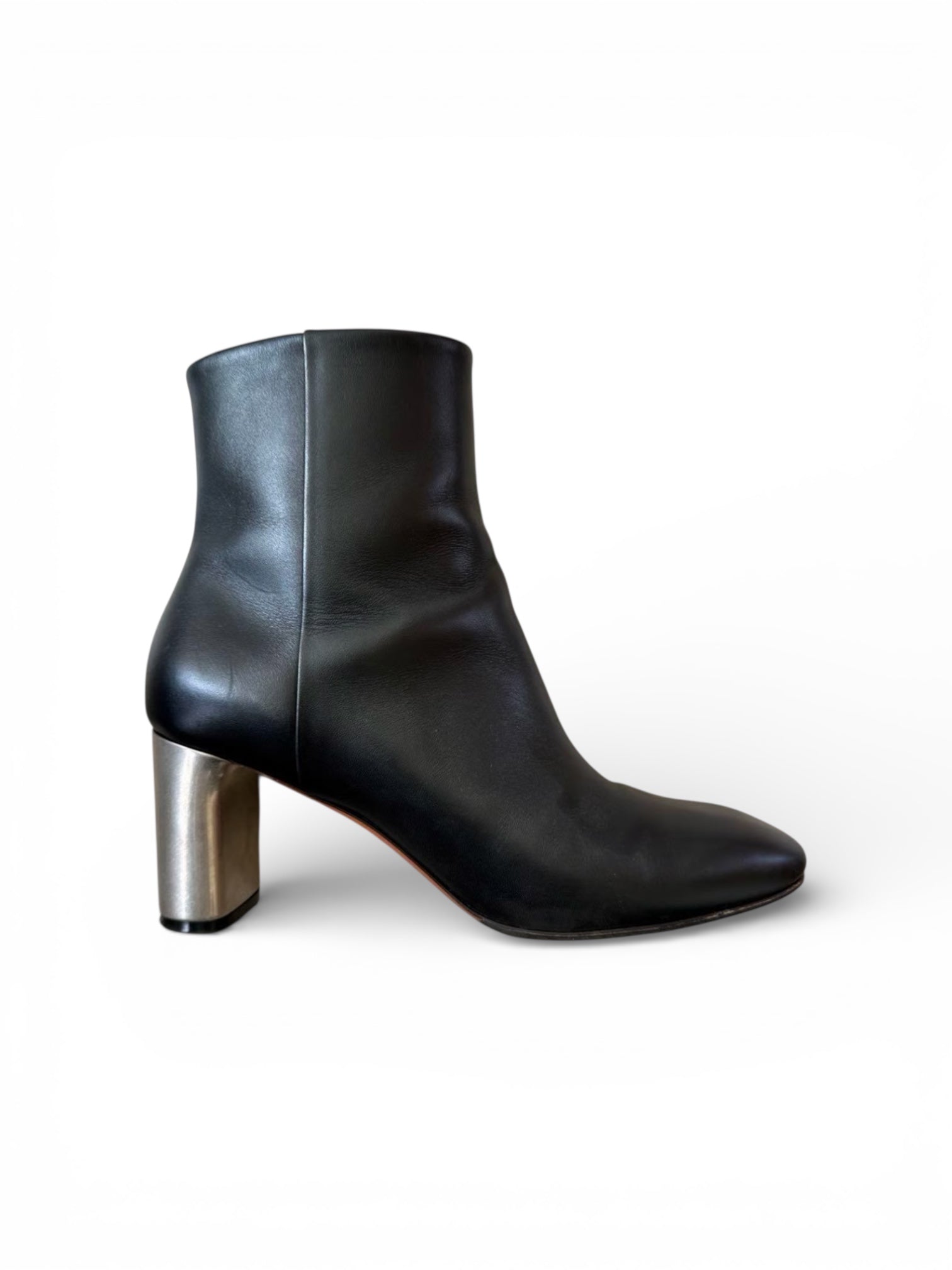 CELINE BY PP BLACK LEATHER BOOTIES WITH METALLIC SILVER HEEL