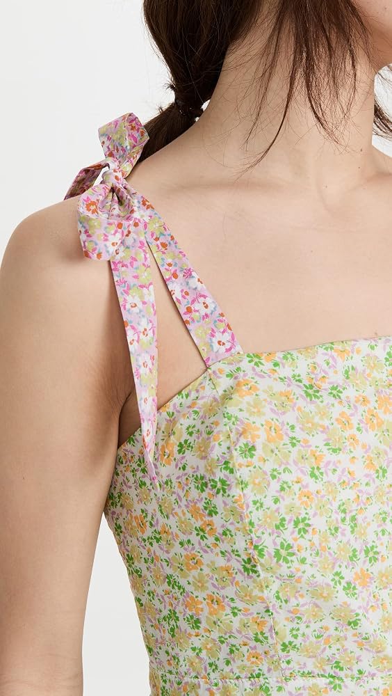 LOST + WANDER green floral print maxi dress with pink tie straps NWT