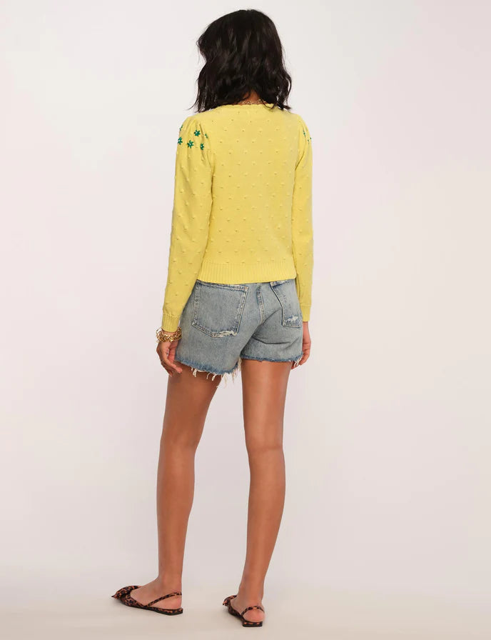 HEARTLOOM lime yellow cardigan with floral detail and pearl buttons