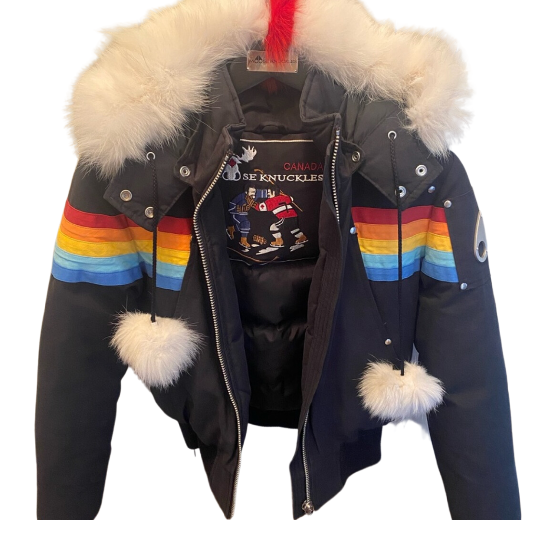 MOOSE KNUCKLES limited edition down bomber with rainbow design