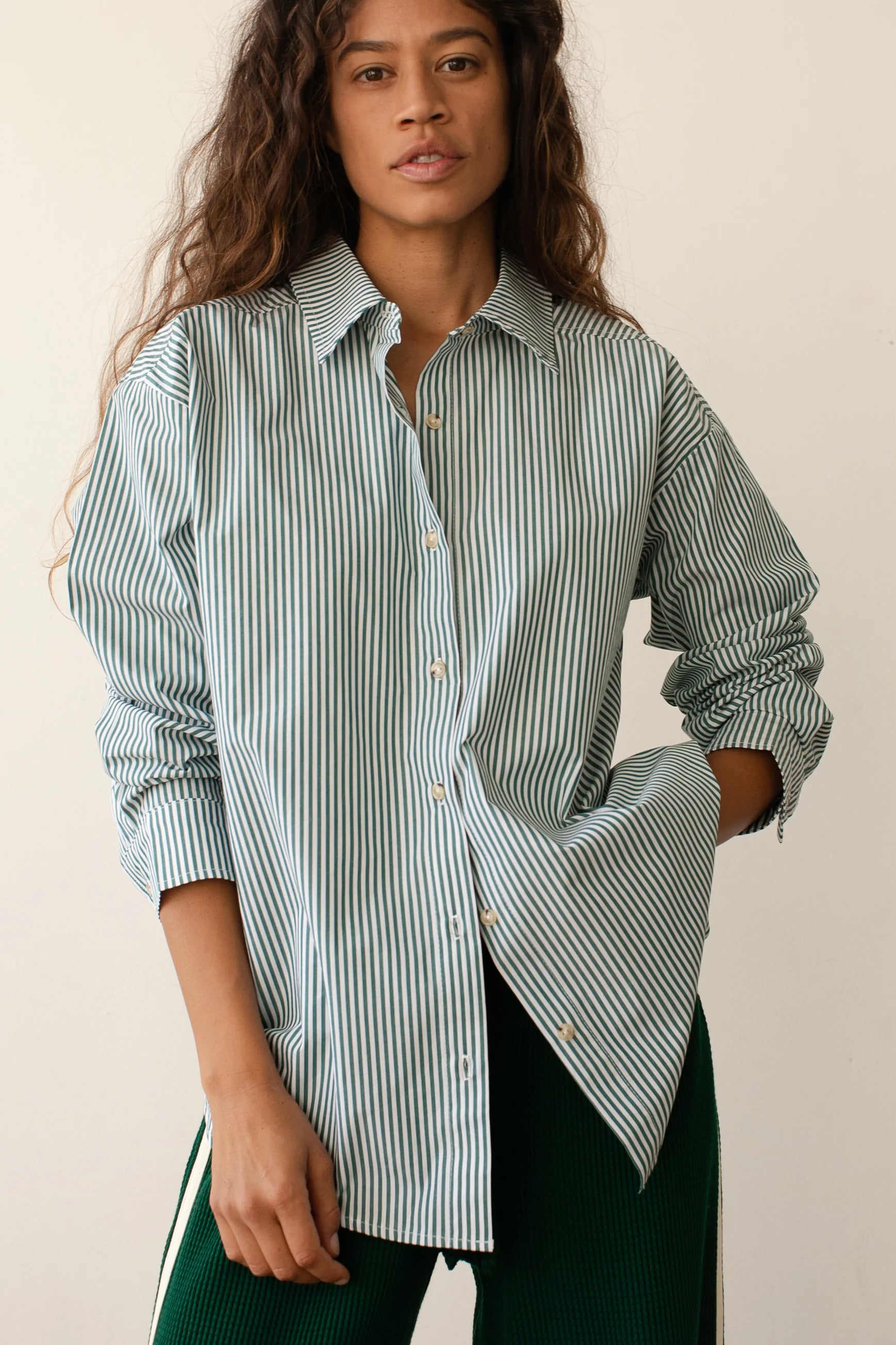 DONNI the pop button down in green stripe