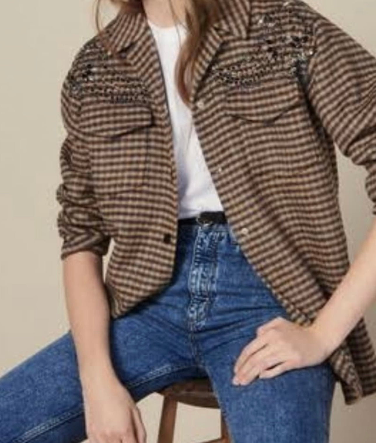 SANDRO - Plaid Jeweled Shacket