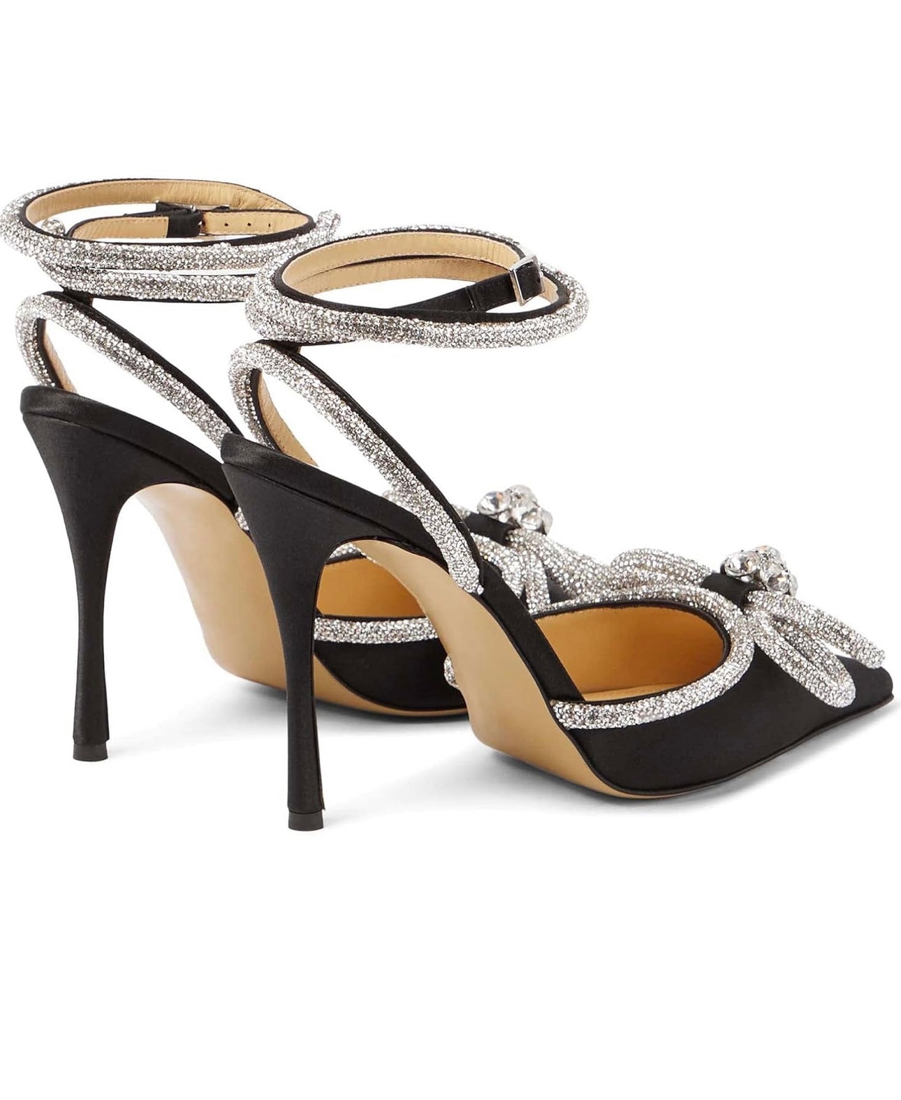 MIRAAZZURRA Women High Heeled Sandals Satin Sparkly Rhinestone Double Bow Sandals Pointy Toe Stiletto Adjustable Crystal Ankle Straps Buckle Shoes Summer Bridal Shoes