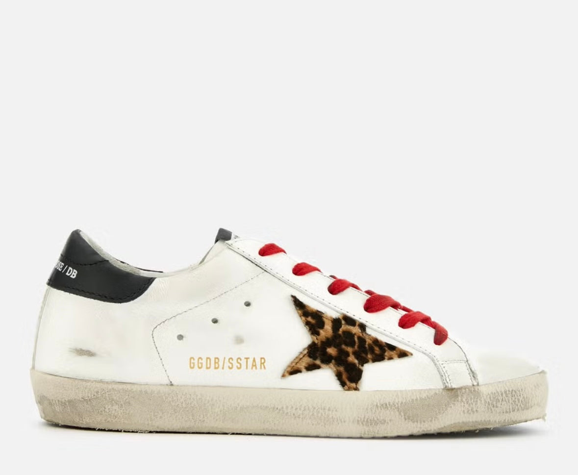 GOLDEN GOOSE white sneaker with leopard star and red laces