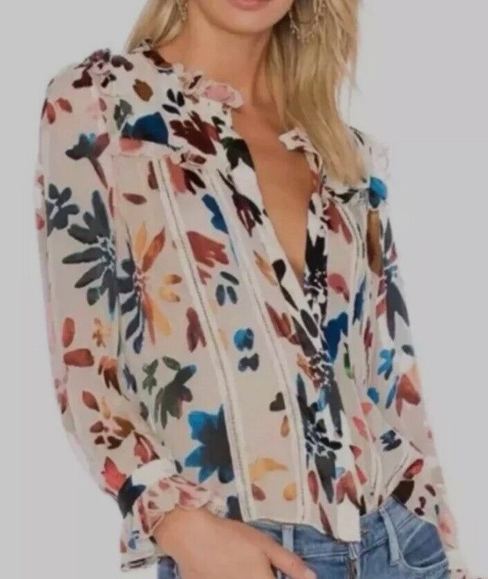 Alice + Olivia Sheer Ruffle Multicolour Print Button Up Blouse