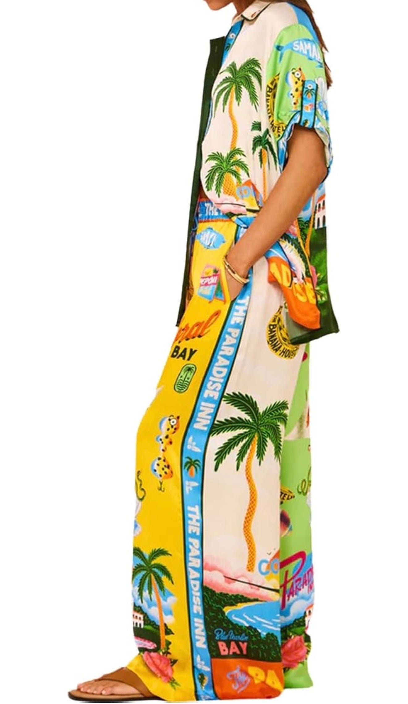 UNKNOWN BRAND Boho Satin Graffiti Print 2 Piece Sets Short Sleeve Pants Matching Sets with Pockets Hawaiian Loungewear