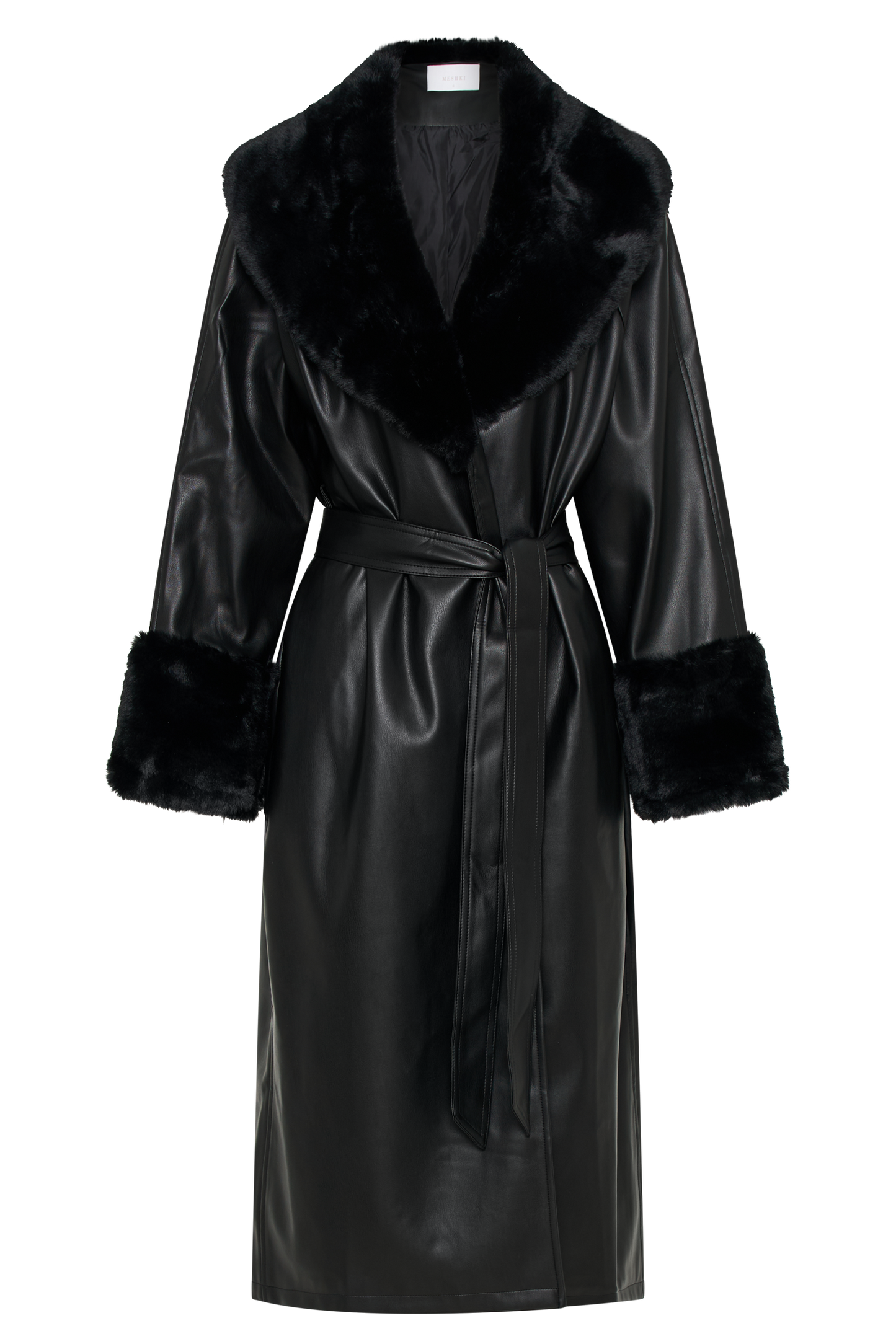 MESHKI Oversized Pu Trench Coat With Fur Trim - Black