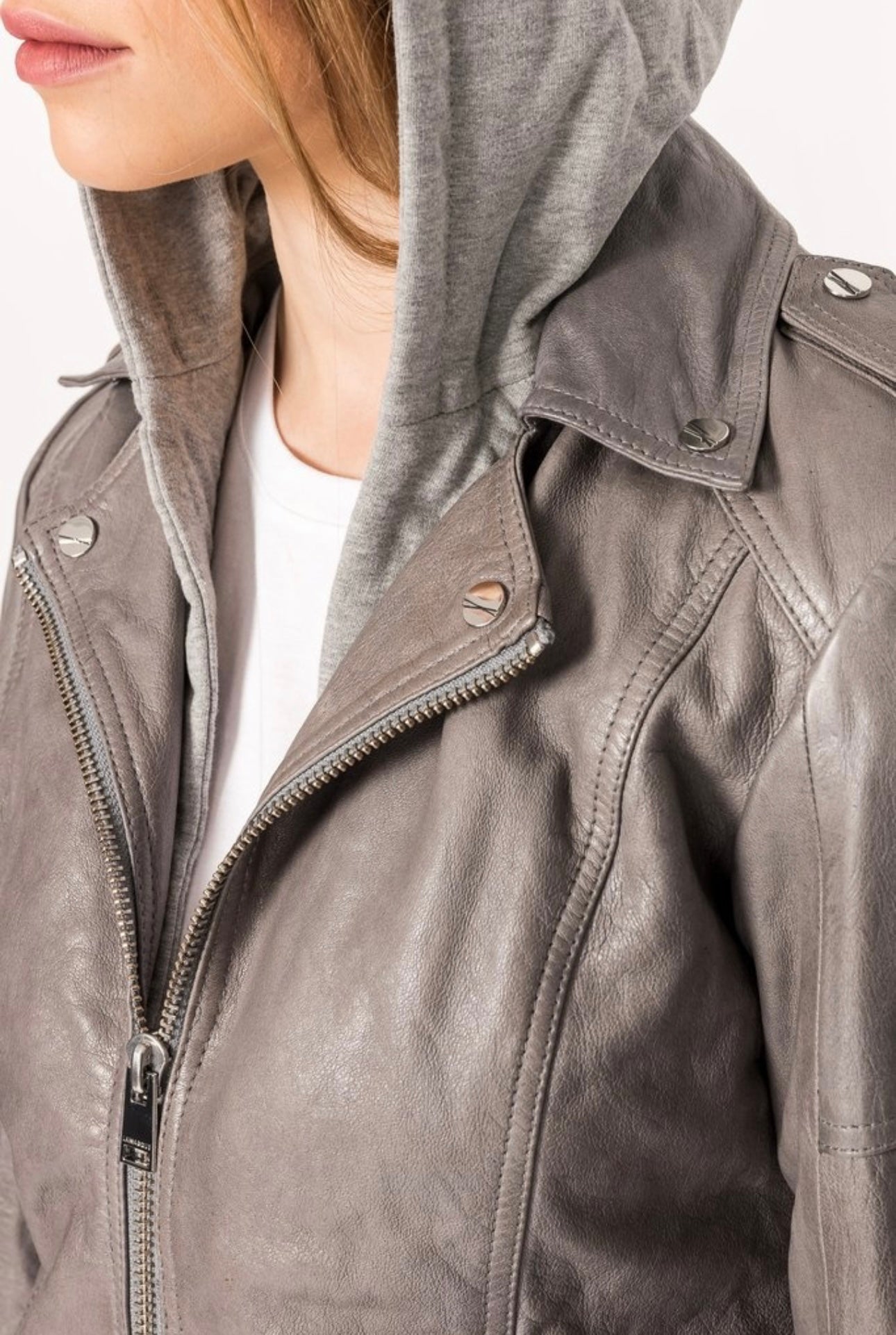 Lamarque- Anna Washed Biker With Hoodie- Whale Grey