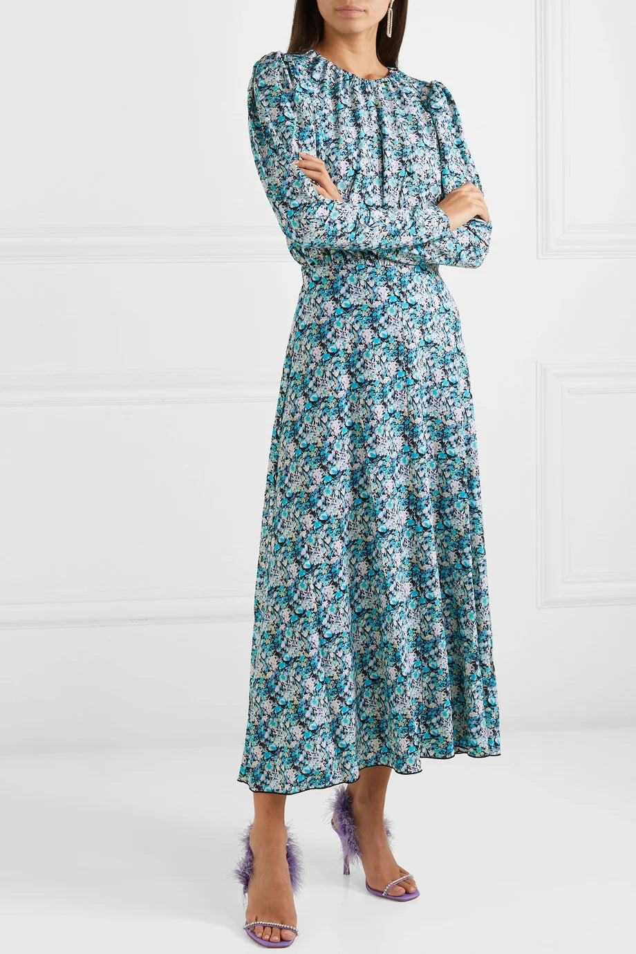ROTATE blue floral open back stretchy dress