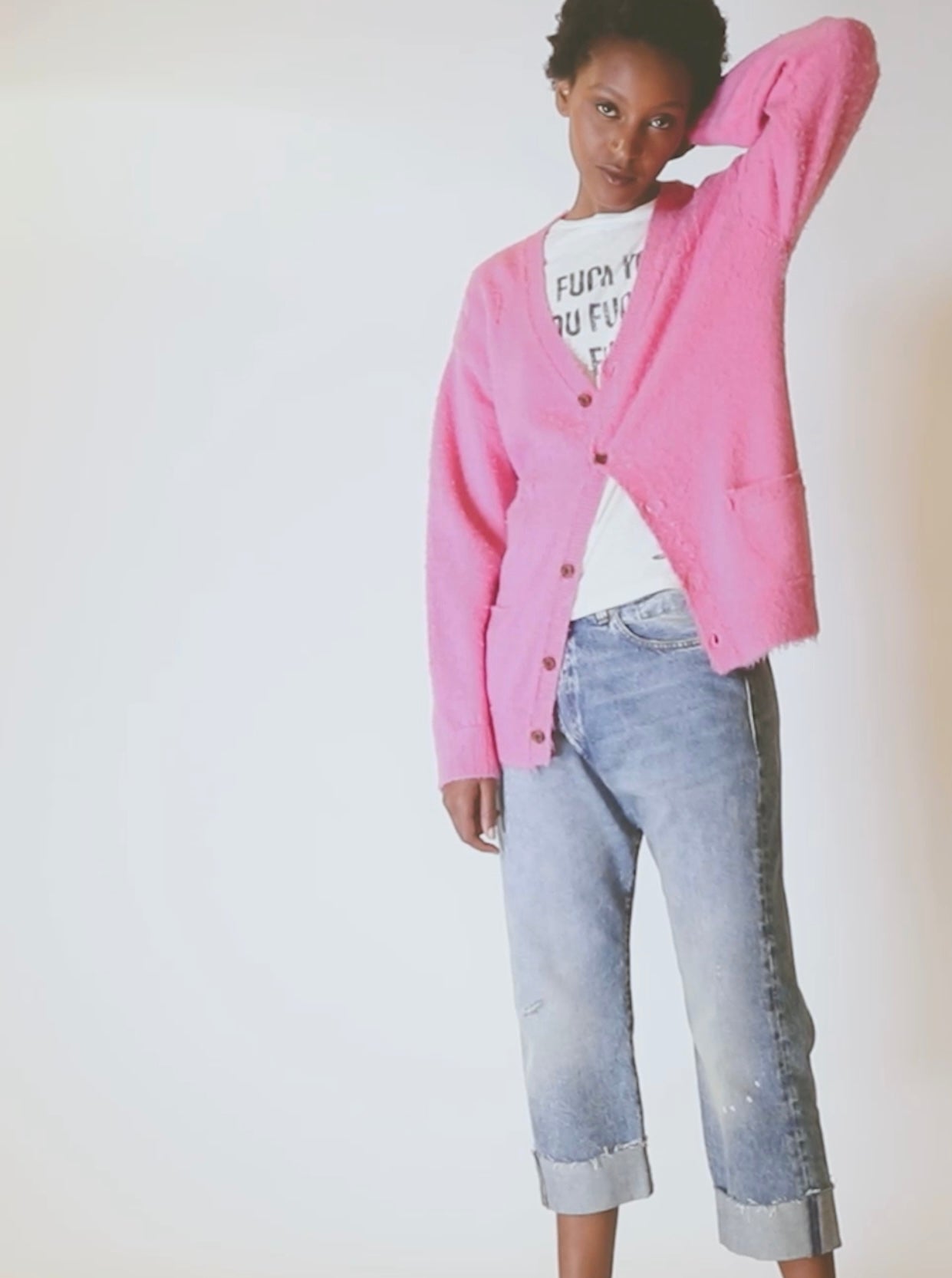 R13 Denim Collection Shaggy Oversized Distressed Edge Cardigan - Pink