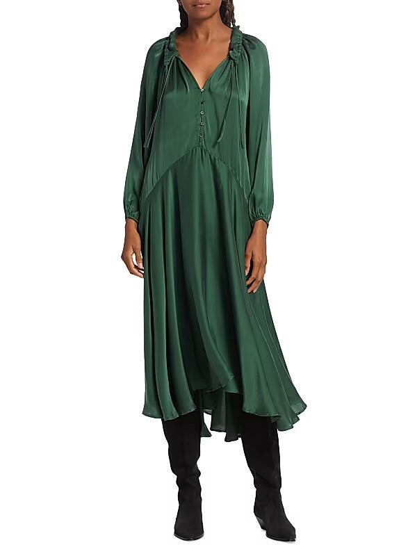 XIRENA Eva dress in mint garnet. long sleeve silk maxi dress in dark green
