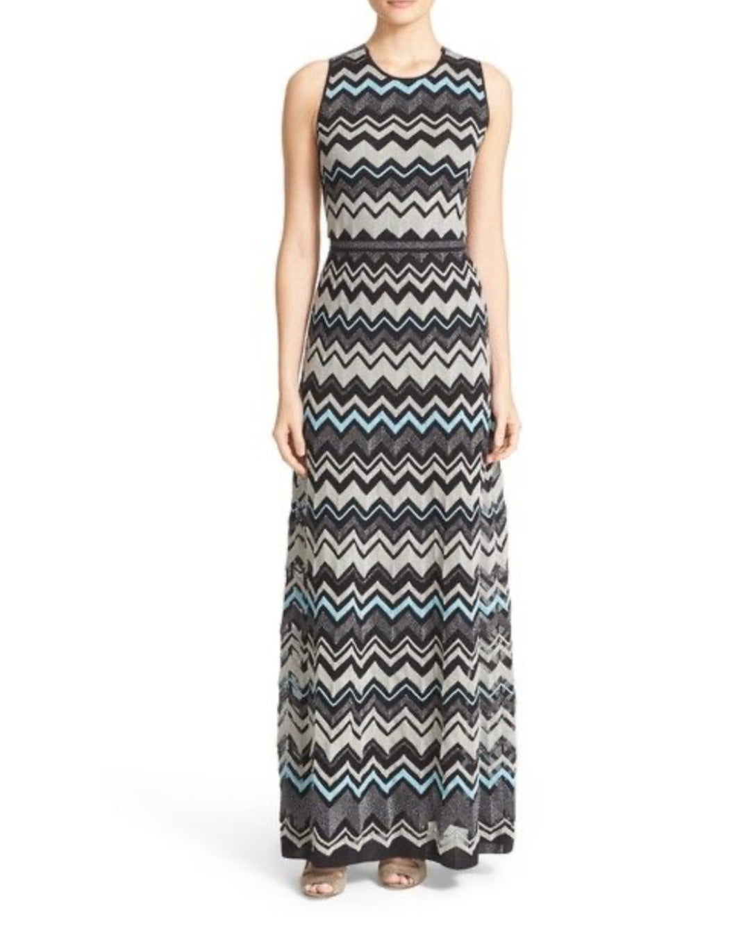 M MISSONI METALLIC ZIGZAG CROSS BACK MAXI DRESS