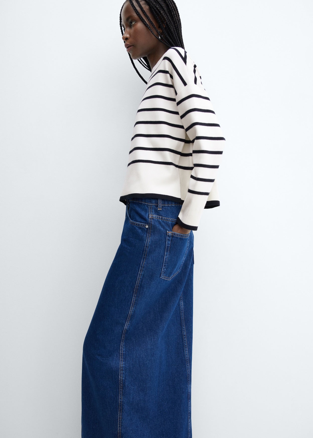 MANGO ivory/navy stripe crewneck sweater