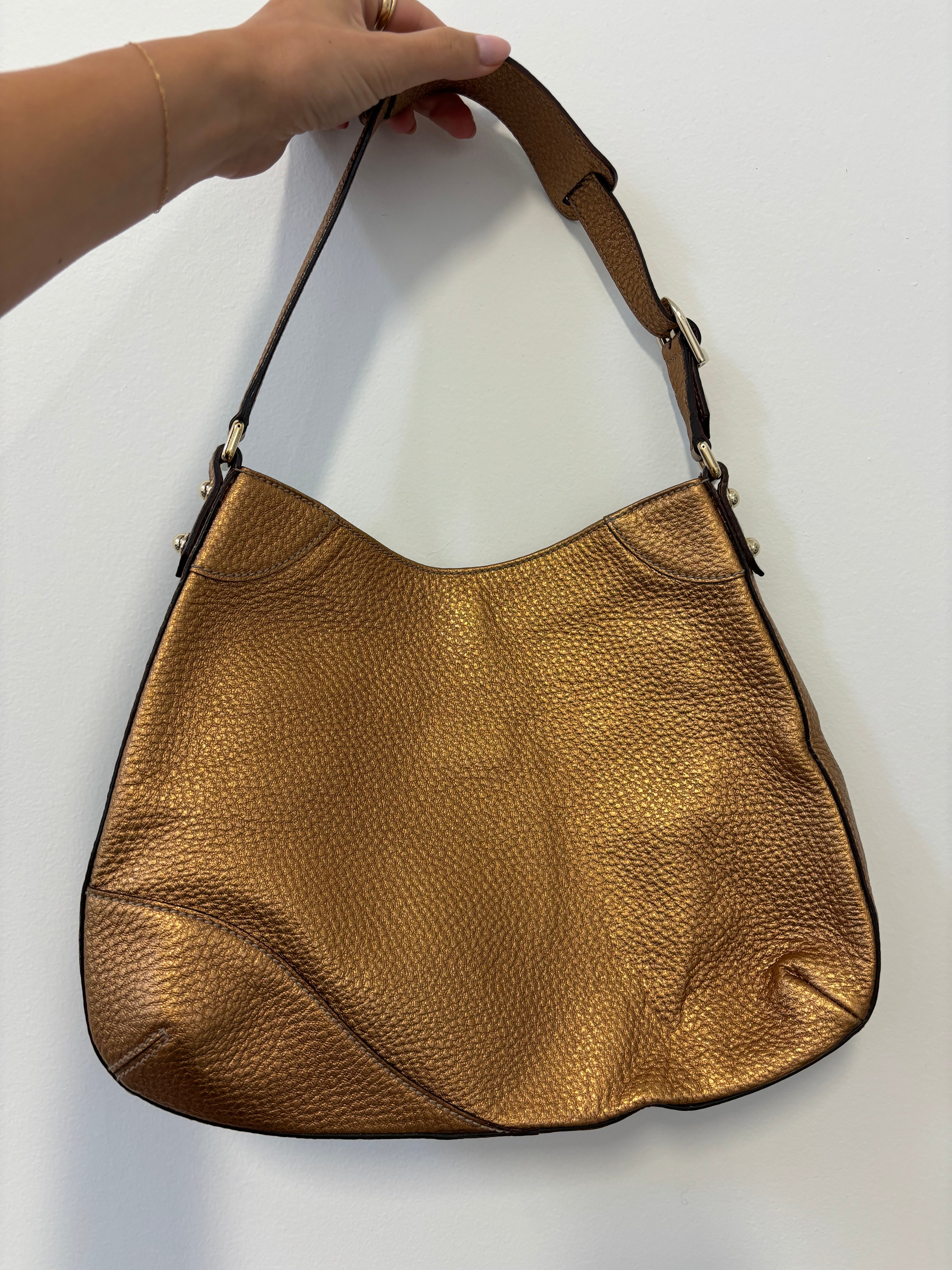 GUCCI gold leather bag, large gold horsebit, w dust bag