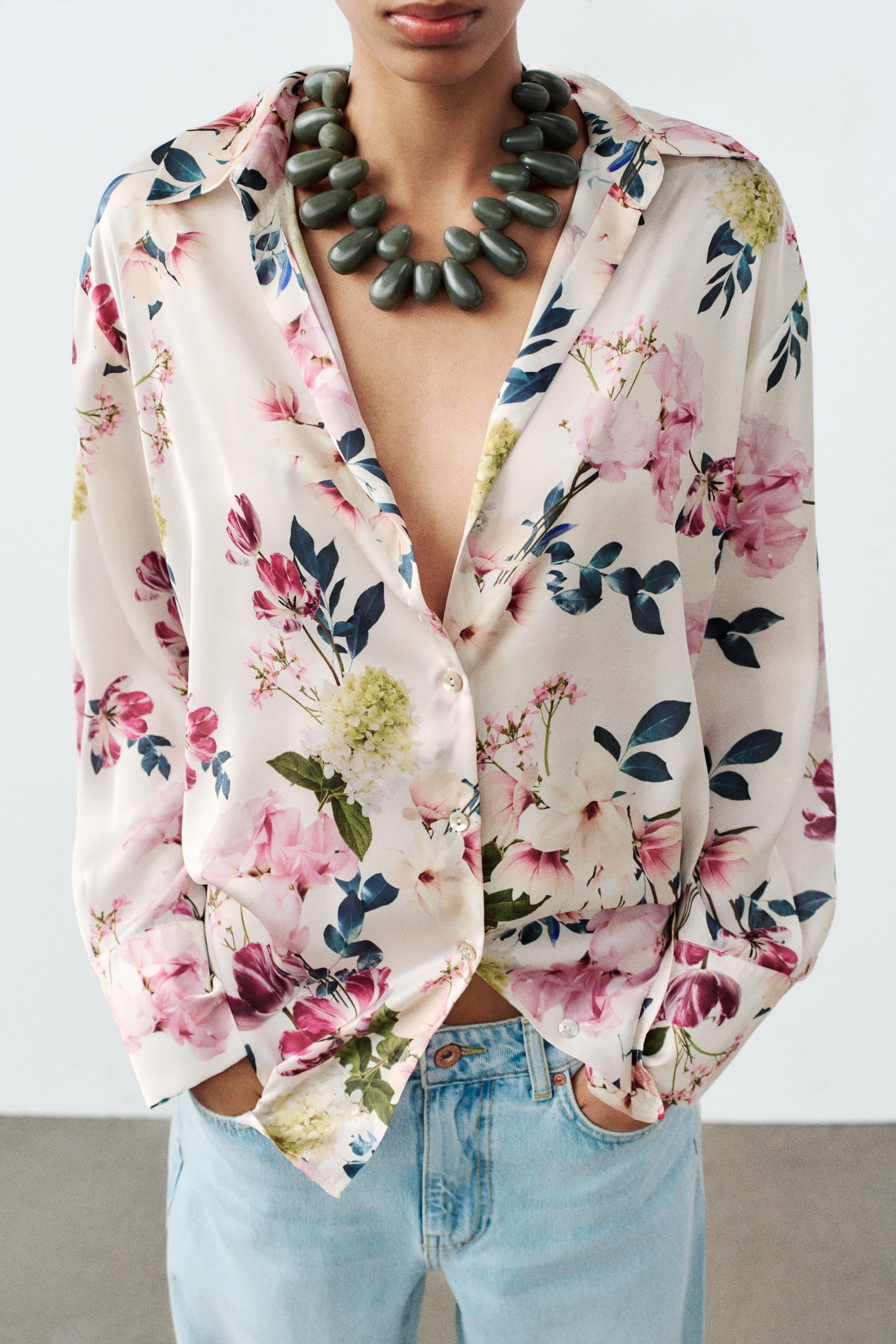 ZARA floral print silk blouse