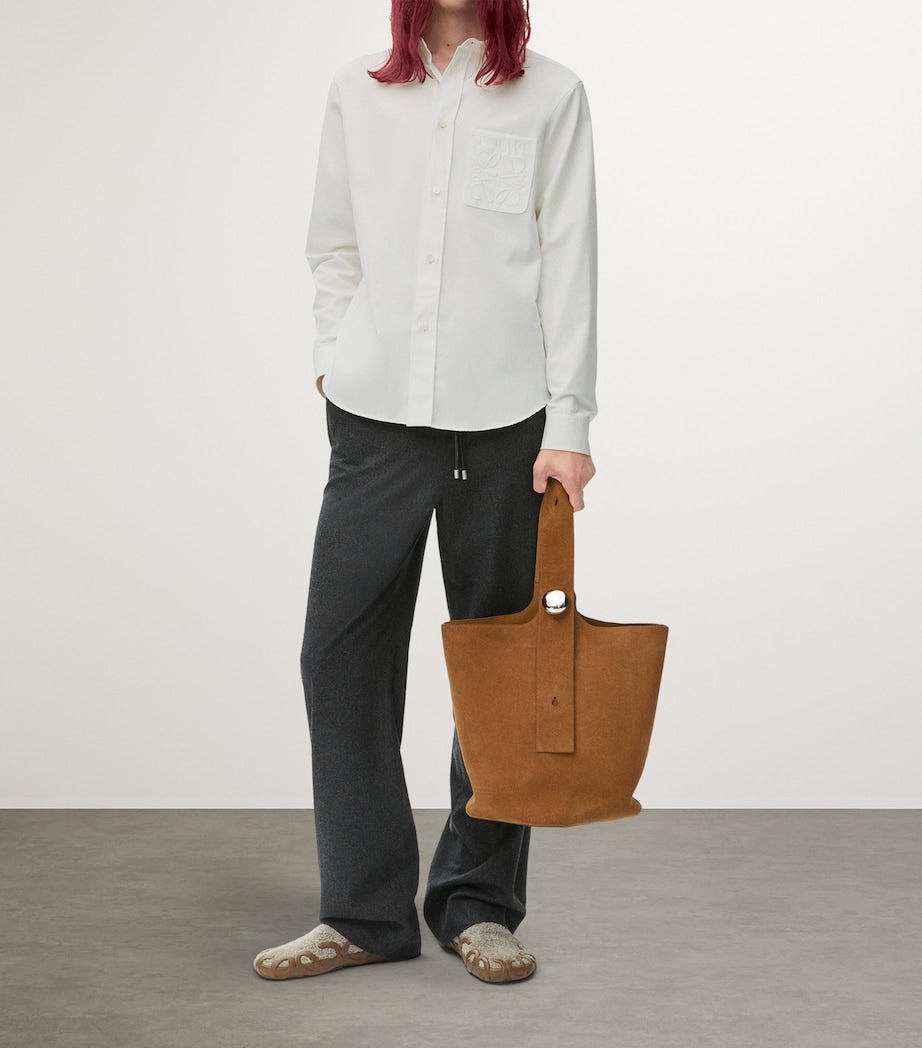LOEWE white long sleeve button up blouse, pocket logo on chest