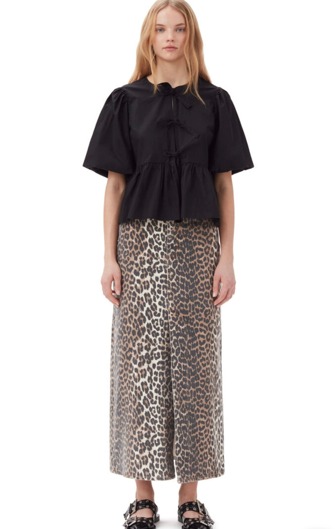 GANNI - COTTON POPLIN PEPLUM TIE BLOUSE